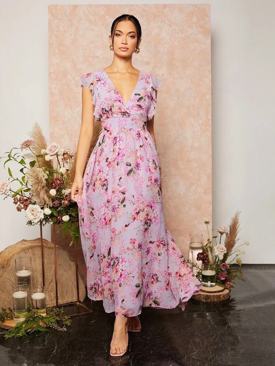 Vestido de dama de honor con estampado floral con cordón trasero ribete con fruncido escote V de gasa