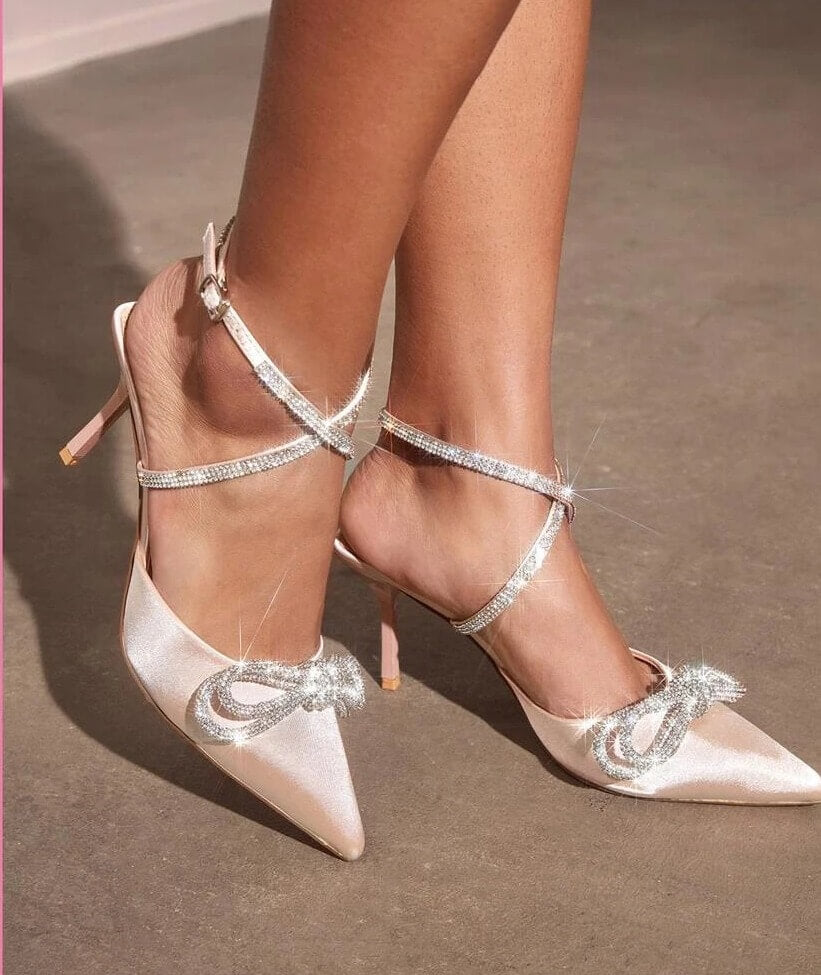 Tacones con diamante de imitación & con diseño de lazo de satén de punta con tacón tira tobillera