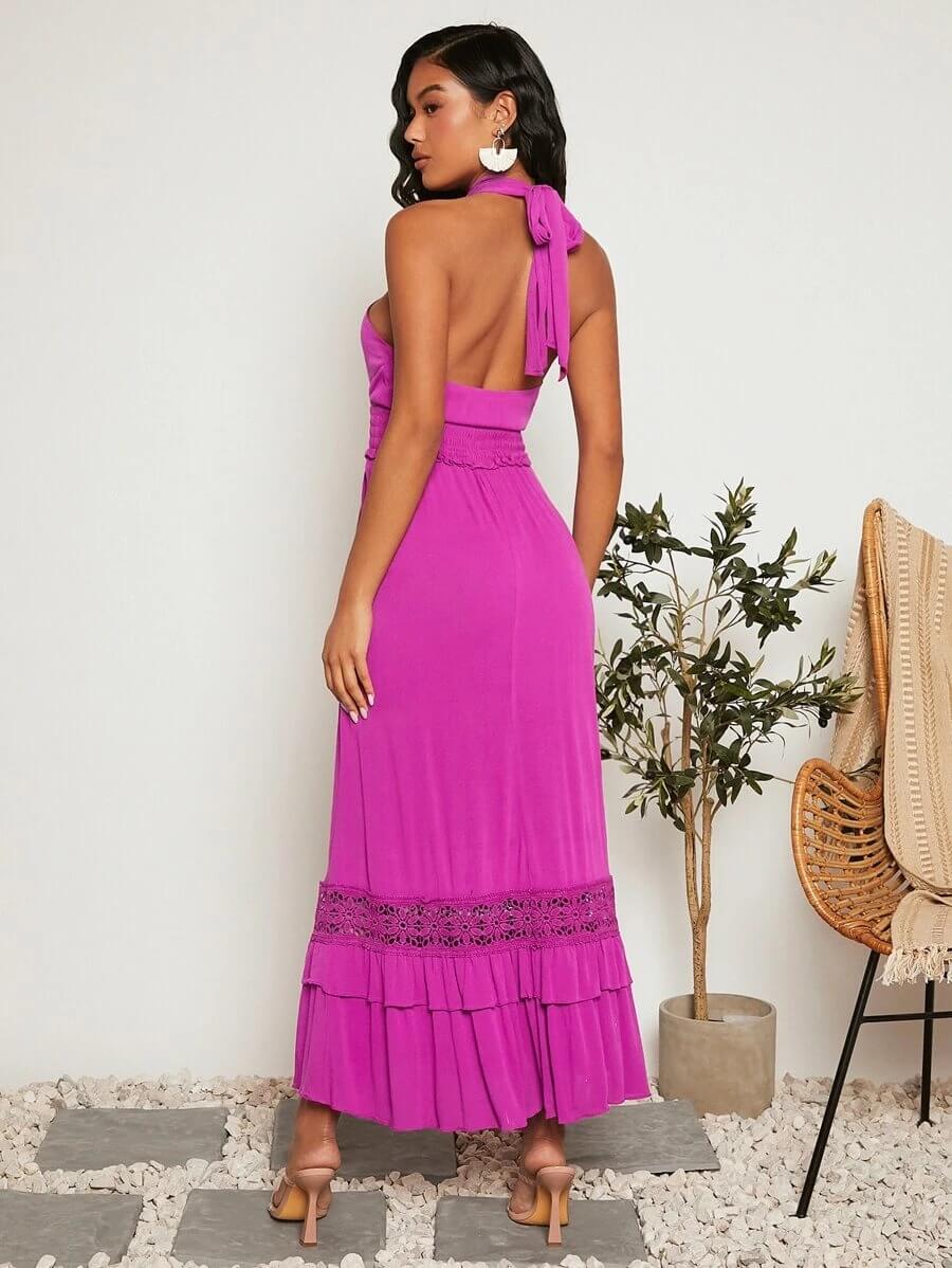 Vestido halter con tira cruzada de espalda abierta con cordón con encaje bajo con fruncido