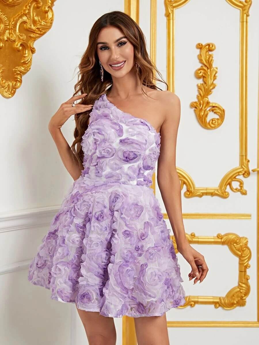 Vestido de malla de un hombro aplique