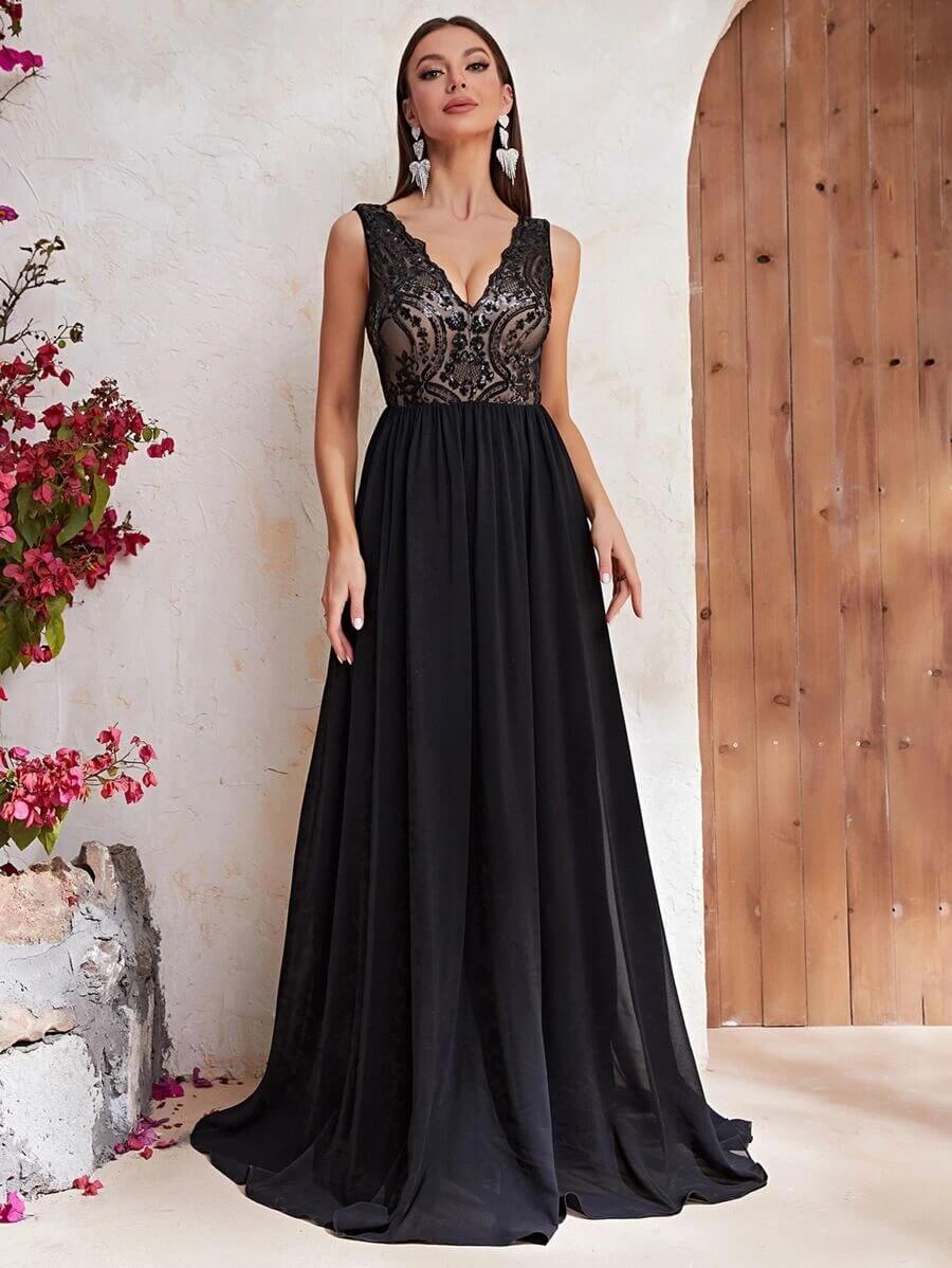 Vestido de vestir con lentejuela en contraste de malla maxi